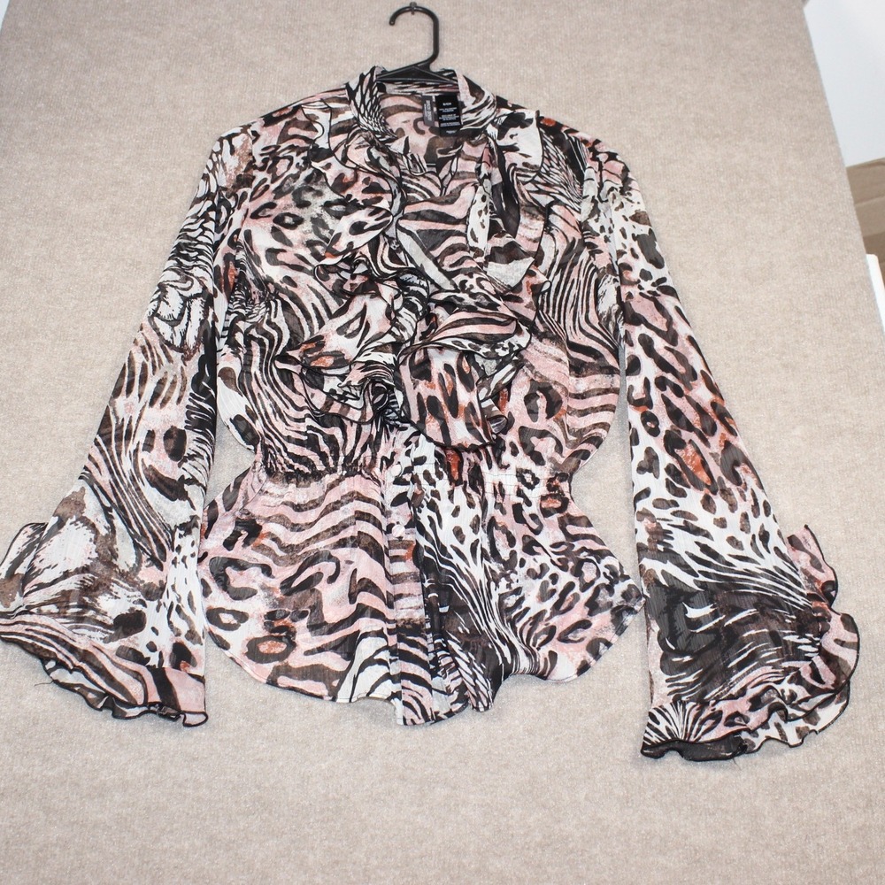 Bisou Bisou Michele Bohbot Animal Print Ruffle Peplum Blouse Pink Black Small